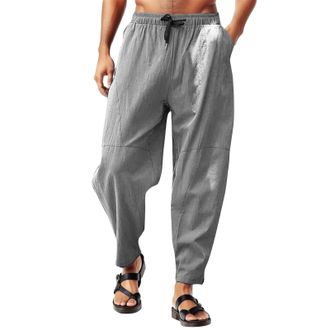 Generic Mens Linen Trousers Casual Smart Men Hippie Trousers Summer Beach Pants with Pockets Cotton Linen Trouser Solid Drawstring Trousers Loose Fit Summer B