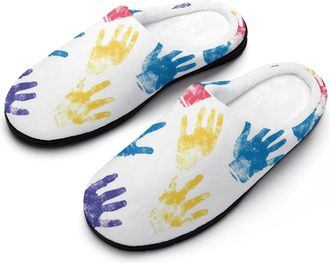 Generic Autism Colored Palm Prints Mens Slippers Slip On Comfortable Fleece Cotton House Shoes Winter
