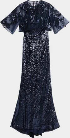 Rene Ruiz Sheer Cape Sequin Column Gown