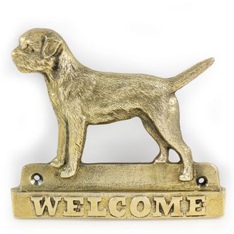 OEM Border Terrier: Un Cartel Para Puerta Con Un Perro, Una Placa De Bienvenida De Lat&oacute;n, Un Cartel &Uacute;nico Con La Palabra Bienvenido De Art-dog