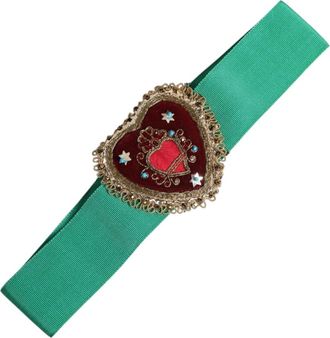 Dolce & Gabbana Stretch Brede Taille Riem met Hartversiering - Dames - Riemen - Groen - S - Katoen - Accessoires