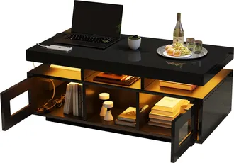 STILVORA Tavolino Da Caff&egrave; Con 2 Ante E 2 Vani Semiaperti E Led, Presa + Usb, Nero Lucido, In Pannello Truciolare, 100&times;50&times;43 Cm