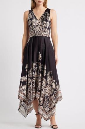 Vince Camuto Placed Scarf Print Handkerchief Hem Cotton Blend Dress in Black Multi at Nordstrom Rack, Size 12