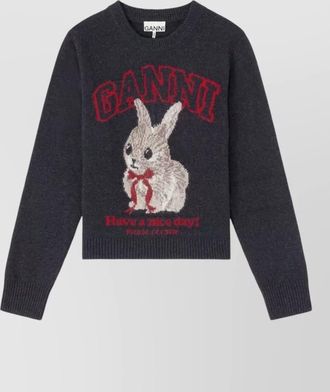 Ganni wool graphic print crewneck sweater