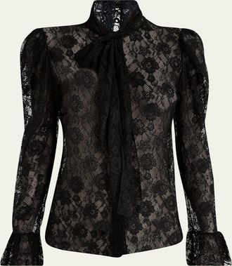 Chloé Tie-Neck Lace Button-Down Blouse