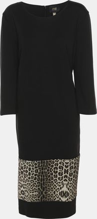 Roberto Cavalli Black Jersey Leopard Print Details Long Sleeve Midi