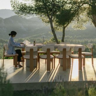 Sklum Set De Mesa Ovalada 260x110 Cm En Cemento Aurean Y 10 Sillas De Jard&iacute;n En Madera De Acacia Y Tela Boucl&eacute; Malta Sklum