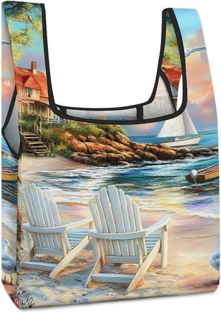 Generic Coastal Lighthouse Seaside Scenery Shopping Bag Reusable Grocery Tote Bag Foldable Handbag for Travel Picnic