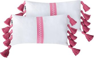 Beliani Beliani - Conjunto De 2 Cojines Decorativos De Algod&oacute;n Con Borlas Rosas Rectangular Blanco Y Rosa 30 X 50 Cm Lovely