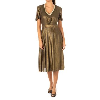 La Martina Bruine Jurk met Korte Mouwen- Ruffles en Edelsteenversieringen - Dames - Casual kleedjes - Bruin - S - Chiffon - Kleedjes