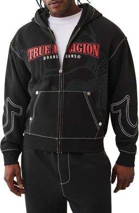 True Religion Cinched Big T Cotton Blend Zip Hoodie in Jet Black at Nordstrom, Size Large