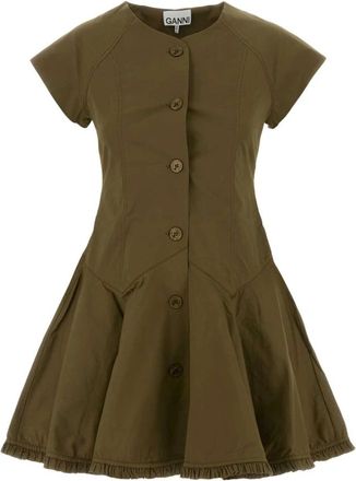 Ganni Kleedjes, Dames, Groen, S, Katoen, Stretch Cotton Buttoned Mini Jurk