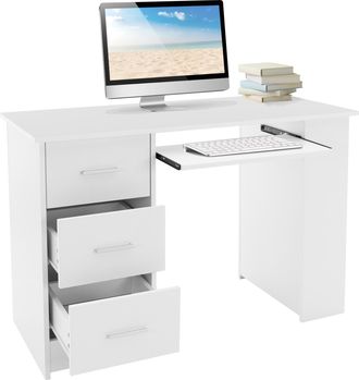 ML Design Ml-design - Escritorio Con 3 Cajones 110x49x75cm Blanco Con Tapas De Cajones Con Manijas Gran Espacio De Almacenamiento Mesa De Trabajo Con Hueco Tecl