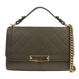 Chanel Label Click Flap Quilted Calfskin Green Leather Handbag (Pre-Owned)