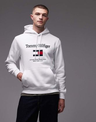 Tommy Hilfiger Felpa bianca con cappuccio e bandiera ricamata grande al centro-Bianco