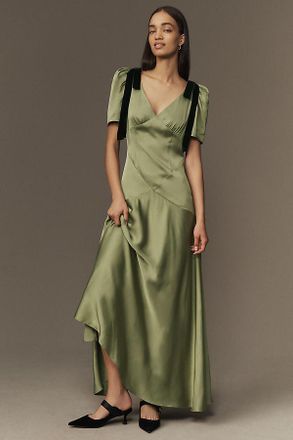Mare Mare Bree Puff-Sleeve V-Neck Satin Slip Midi Dress