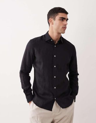 Mango Camicia a maniche lunghe nera in 100% lino-Nero