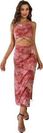Angel Fashions Womens Round Neck Cocktail Dresses Print Draw Hollow Out Back Slit Tea-Length Party Dress Size 10