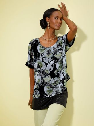 Cr&eacute;ation L Chiffonbluse CREATION L, Damen, Gr. 36, schwarz, lindgr&uuml;n, bedruckt, 100% Polyester, bedruckt, gebl&uuml;mt, gemustert, mehrfarbig, Rundhals, Blusen Chiffo