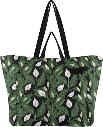 Generic Flower Leaves Black print Reusable Canvas Tote Bag, Heavy Duty Grocery Shopping Bag with Double Handles Large Capacity Hard Bottom Work Groceries Trav
