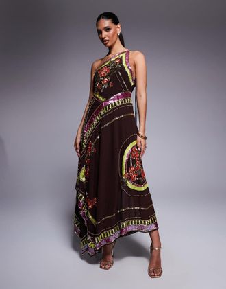 Asos Vestito lungo con gonna a ruota color cioccolato e motivo a fiori stile foulard con decorazioni-Nero