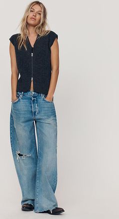 Pilcro Short-Sleeve Two-Way Zip-Front Sweater