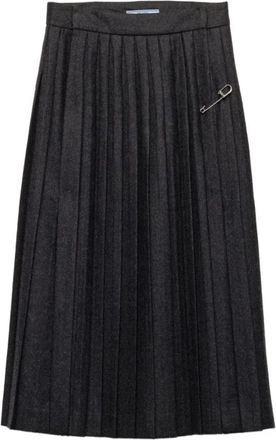 Prada Geplooide Midi Rok - Dames - Midirokken - Grijs - S - Wol - Rokken