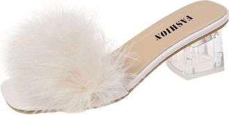 Generic Womens Elegant Sandals with Heel, High Heels, Sandals Pumps with Feathers, Slip-On Summer Sandals, Peep Toe Wedge Sandals, Evening Shoes, Block Heel, 