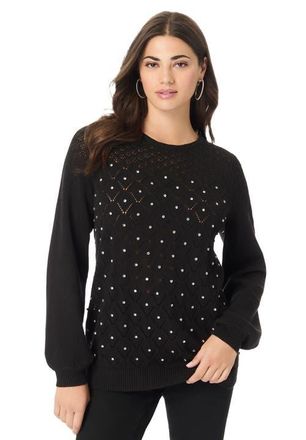 Roaman's Rhinestone Pointelle Knit Sweater in Black at Nordstrom, Size 12