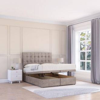 Sloomy Alabama Plush Fabric Ottoman Bed End Opening With Sprung Memory Mattress & 26 Inch Headboard in Stone | Size: Single
