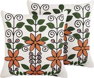 Beliani Conjunto De 2 Cojines De Algod&oacute;n Blanco Naranja Verde Negro 50 X 50 Cm Vellore