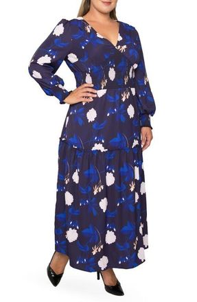 Standards & Practices Floral Smock Waist Long Sleeve Georgette Maxi Dress in Blooms at Nordstrom, Size 1X