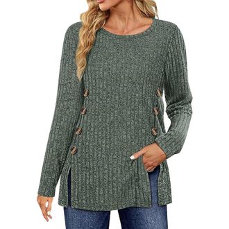 Generic Womens Jumpers Long Sleeve Knitted Sweater Symmetrical Button Down Collar Slimming Lightweight Sweatshirt Ladies Splits Tunic Crew Neck Pullover Jumpe