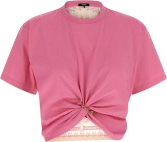 Versace T-Shirts, female, Pink, XS, Underwater Barocco Safety Pin Crop T-Shirt