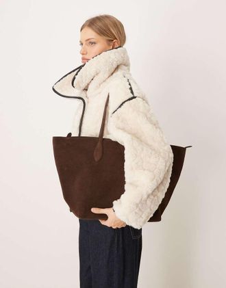 Mango Borsa shopping grande marrone in camoscio