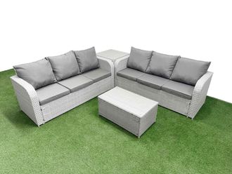 Fimous Outdoor Garden Furniture Sets 6 Seater Wicker Rattan Furniture Sofa Sets w/ Rectangular Coffee Table high Back Lounge Sofa Side Table Light