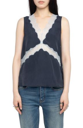 Zadig&Voltaire Tasao Silk Lace Top in Encre at Nordstrom, Size X-Small Regular