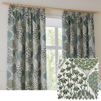 Wylder Ophelia Floral Room Darkening Pencil Pleat Curtain Pair in Green | Size: 228 cm width x 228 cm drop