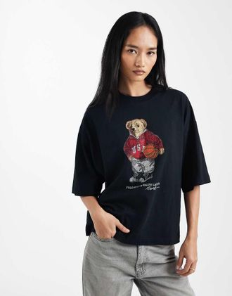 Polo Ralph Lauren T-shirt nera squadrata con stampa del logo sul petto-Nero