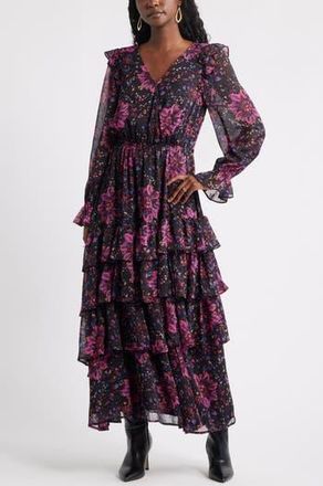 Treasure & Bond Tiered Ruffle Faux Wrap Maxi Dress in Black-Pink Painterly Medallion at Nordstrom Rack, Size Xx-Small