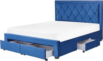 Beliani Cama con almacenaje de terciopelo azul marino 160 x 200 cm cajones cabecero alto capitoné glamuroso Lievin