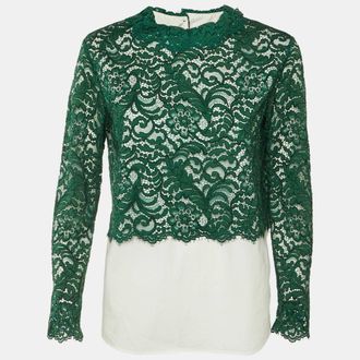 Sandro Green /white Cotton & Lace Overlay Malia Top