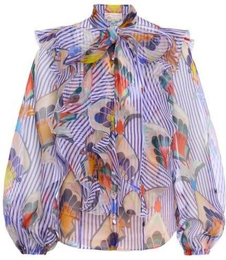 Maison Common Printed Silk Organza Blouse With Flounces Stripes - print with geometric tulip design in White/blue Multicolo at Nordstrom, Size 38