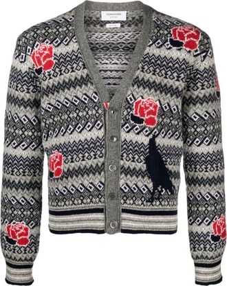 Thom Browne intarsia-knit wool-blend cardigan - men - Mohair/Wool - 1 - Grey