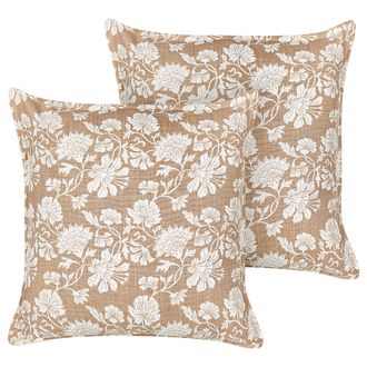 Beliani Beliani - Conjunto De 2 Cojines De Algod&oacute;n Decorativos Hechos A Mano Estampado Floral Cuadrado 45 X 45 Cm Beige Y Blanco Notelea