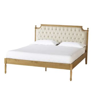 Robin des Bois Cama doble de estilo rom&aacute;ntico en roble y lino premium marr&oacute;n