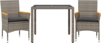 vidaXL Set Comedor Jard&iacute;n 3 Pzas Y Cojines Rat&aacute;n Sint&eacute;tico Vidrio Gris Vidaxl
