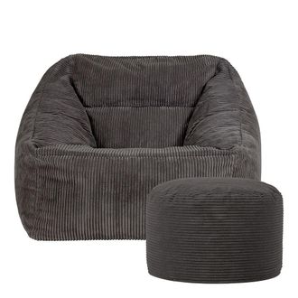 Icon Brand Corduroy Bean Bag Armchair & Round Beanbag Footstool in Charcoal