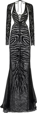 Roberto Cavalli Abito da sera semi trasparente con stampa tigrata - Nero