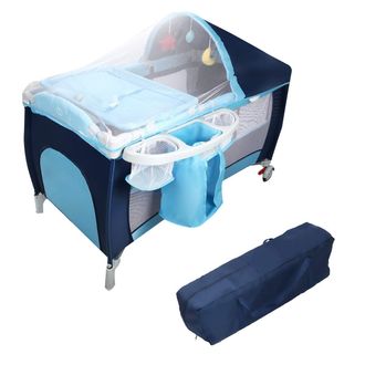 Costway Costway Cuna De Beb&eacute; Cama Viaje Plegable Con Rueda Con Colch&oacute;n Para Cambiador Paal Con Funci&oacute;n De Oscilante (azul)